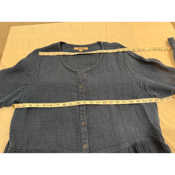 Flax Womens Tunic Top Button Front Blue Linen Pockets Long Sleeve Sz L Relaxed - Picture 6 of 9